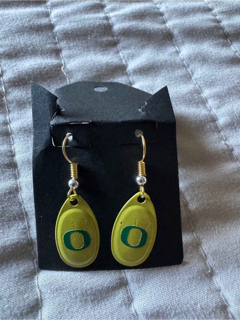Custom made Green Oval Dangle Earrings with Teal 'O' Accent
